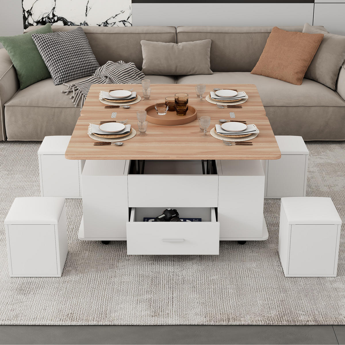 KLUB stolić 100/50/45 cm bijeli od iverice s podizanjem i 4 taburea - bijela, drvni materijal (100/50/45cm) - OKWISH