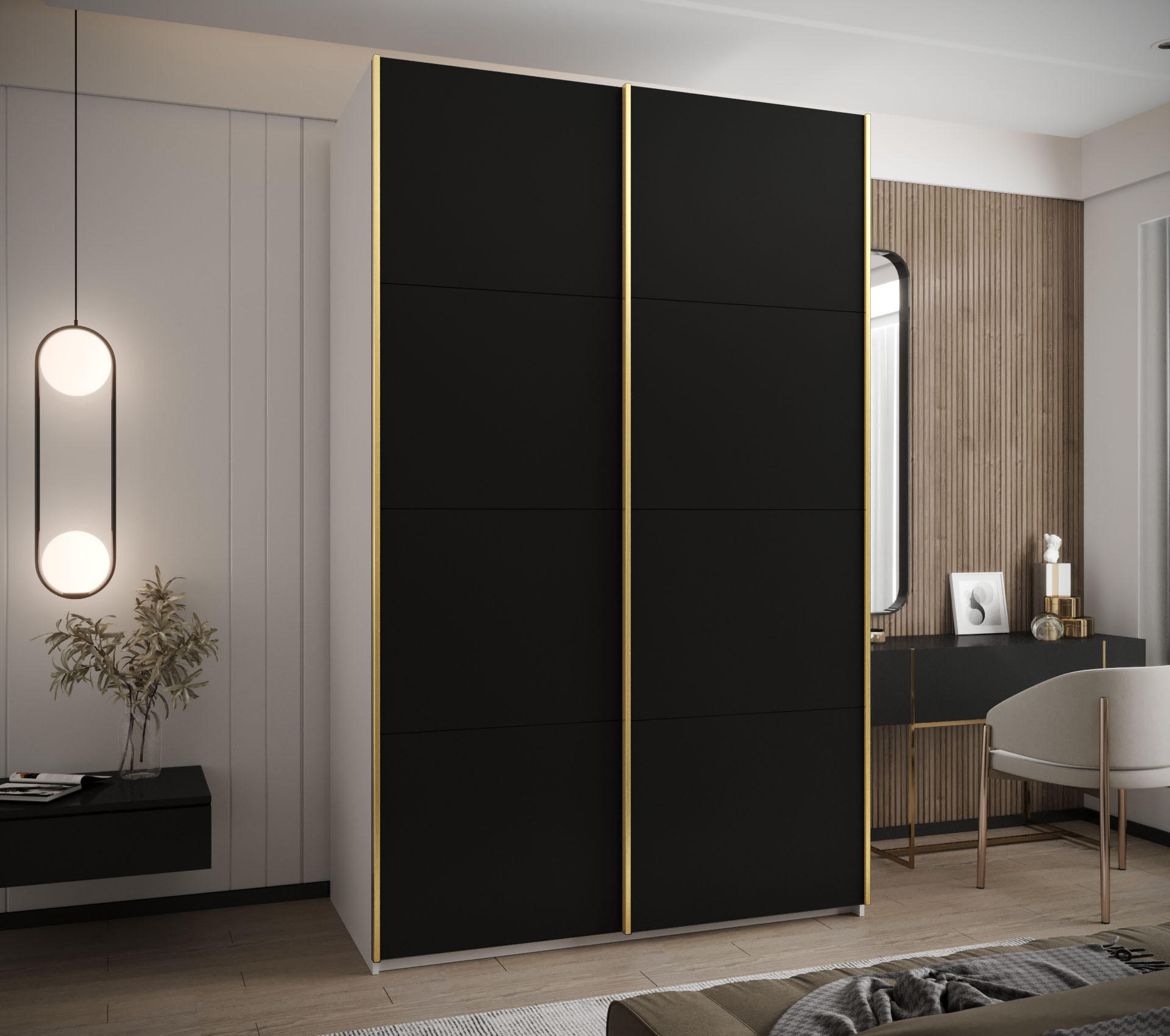 SCHWEBETÜRENSCHRANK 245,5/160/64 2-türig - Goldfarben/Schwarz, Holz/Metall (160/245/64cm) - Abiks Möbel