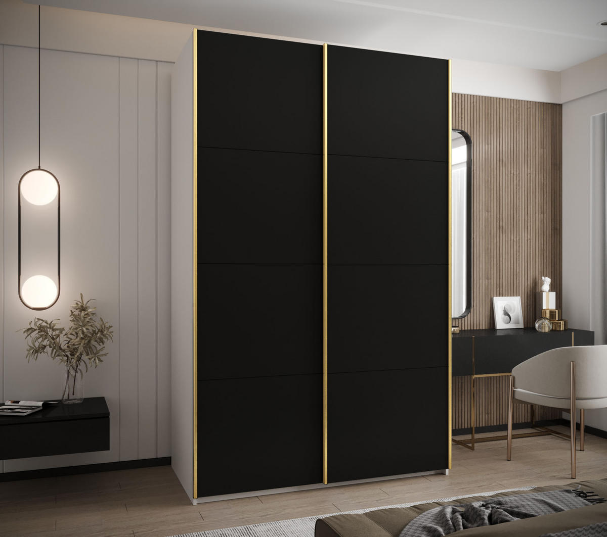 SCHWEBETÜRENSCHRANK 245,5/160/64 2-türig - Goldfarben/Schwarz, Holz/Metall (160/245/64cm) - Abiks Möbel