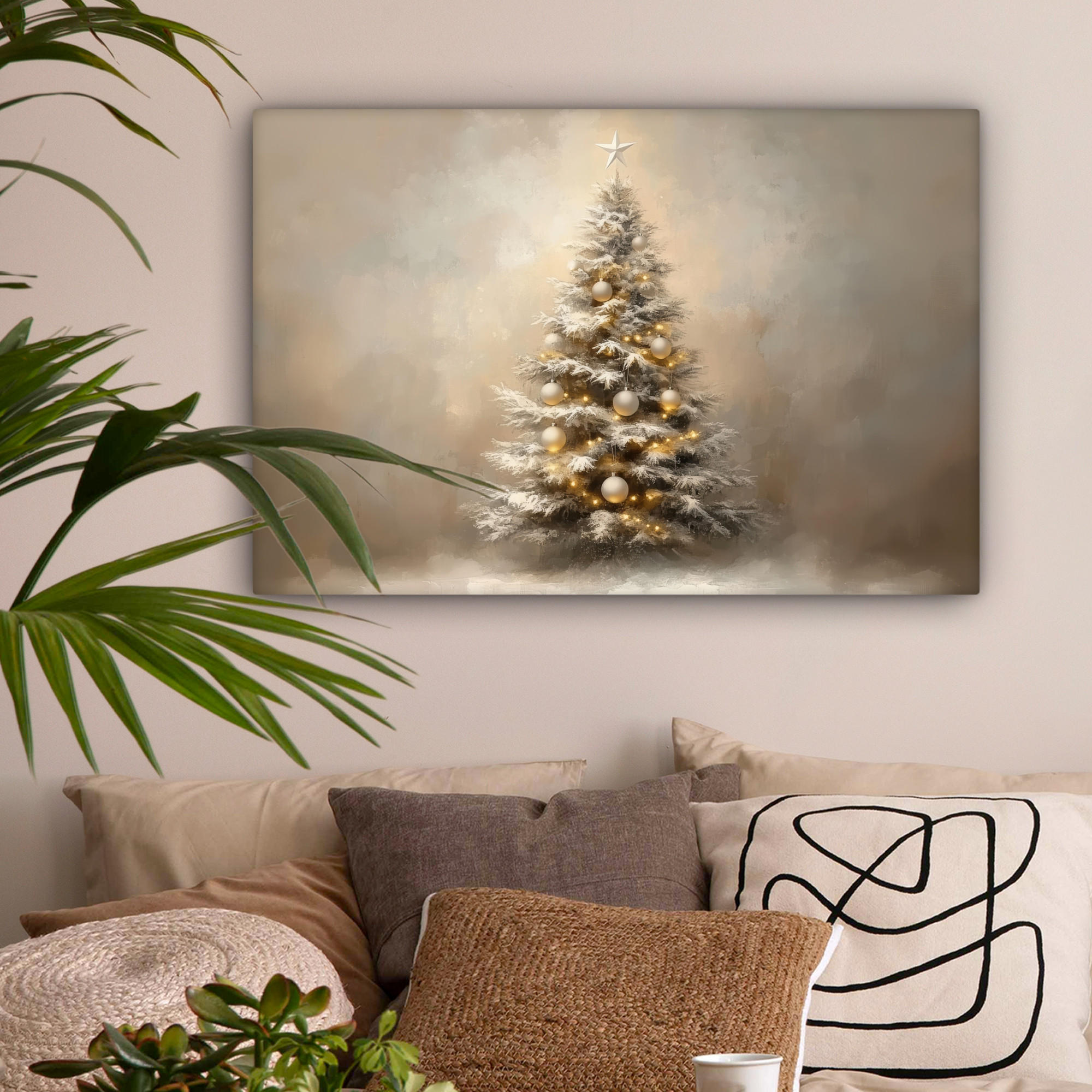 LEINWANDBILD Weihnachten - Weihnachtsbaum - Schnee - Kunst Wanddeko 90x60 cm - Champagner, Textil (90/60cm) - MuchoWow