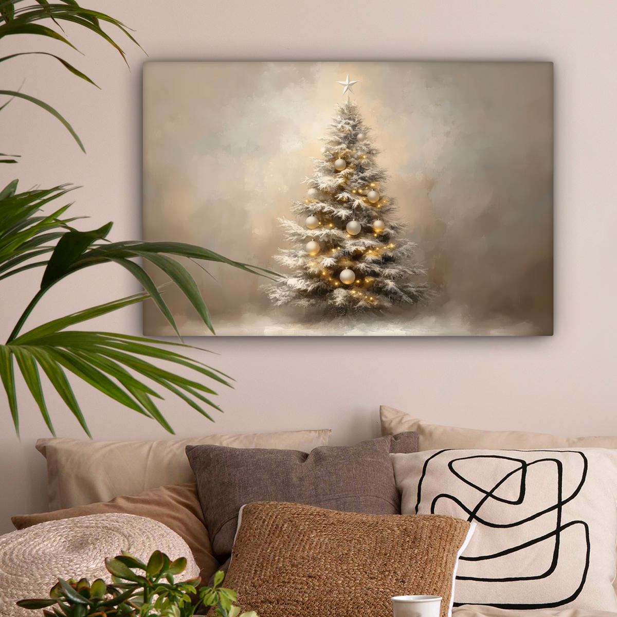 LEINWANDBILD Weihnachten - Weihnachtsbaum - Schnee - Kunst Wanddeko 90x60 cm - Champagner, Textil (90/60cm) - MuchoWow
