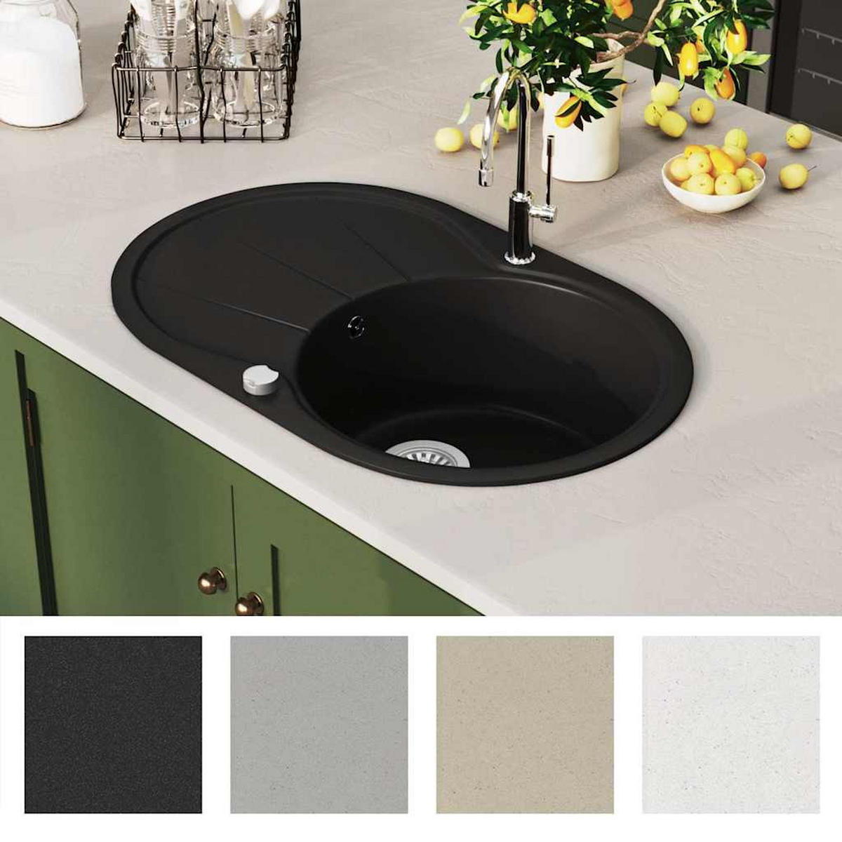KÜCHENSPÜLE Granit Einzelwaschbecken Oval Schwarz - Schwarz, Stein (49/20.5/77cm) - vidaXL