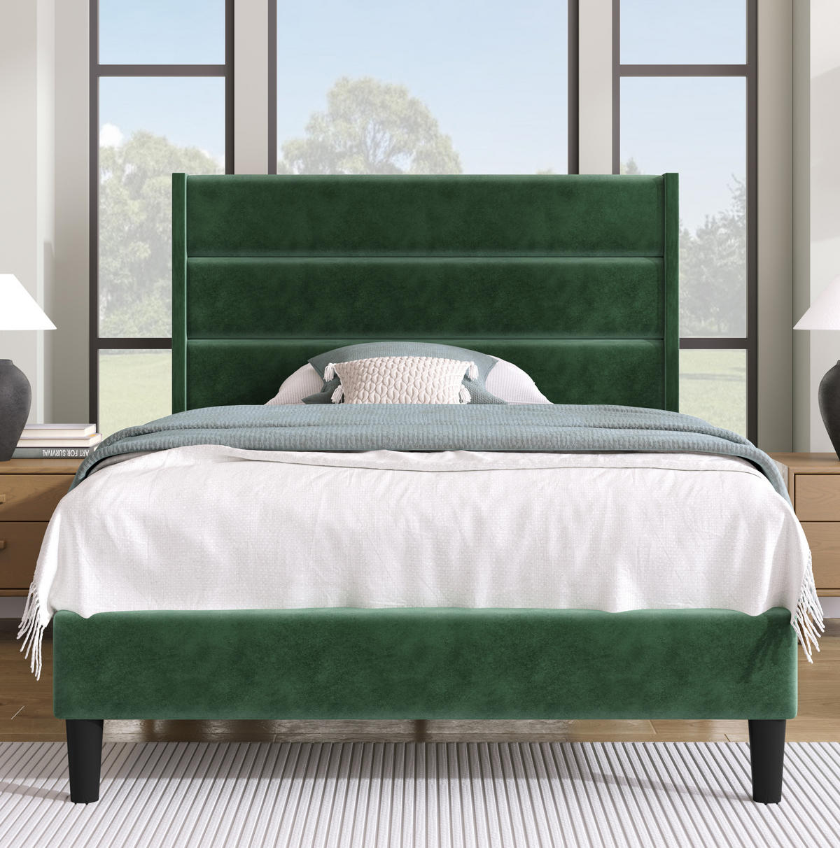 POLSTERBETT 90/200 cm mit Lattenrost und 7-Zonen-Matratze, Samt mit gepolstertem Kopfteil, Dunkelgrün - Grün, Textil - Redom