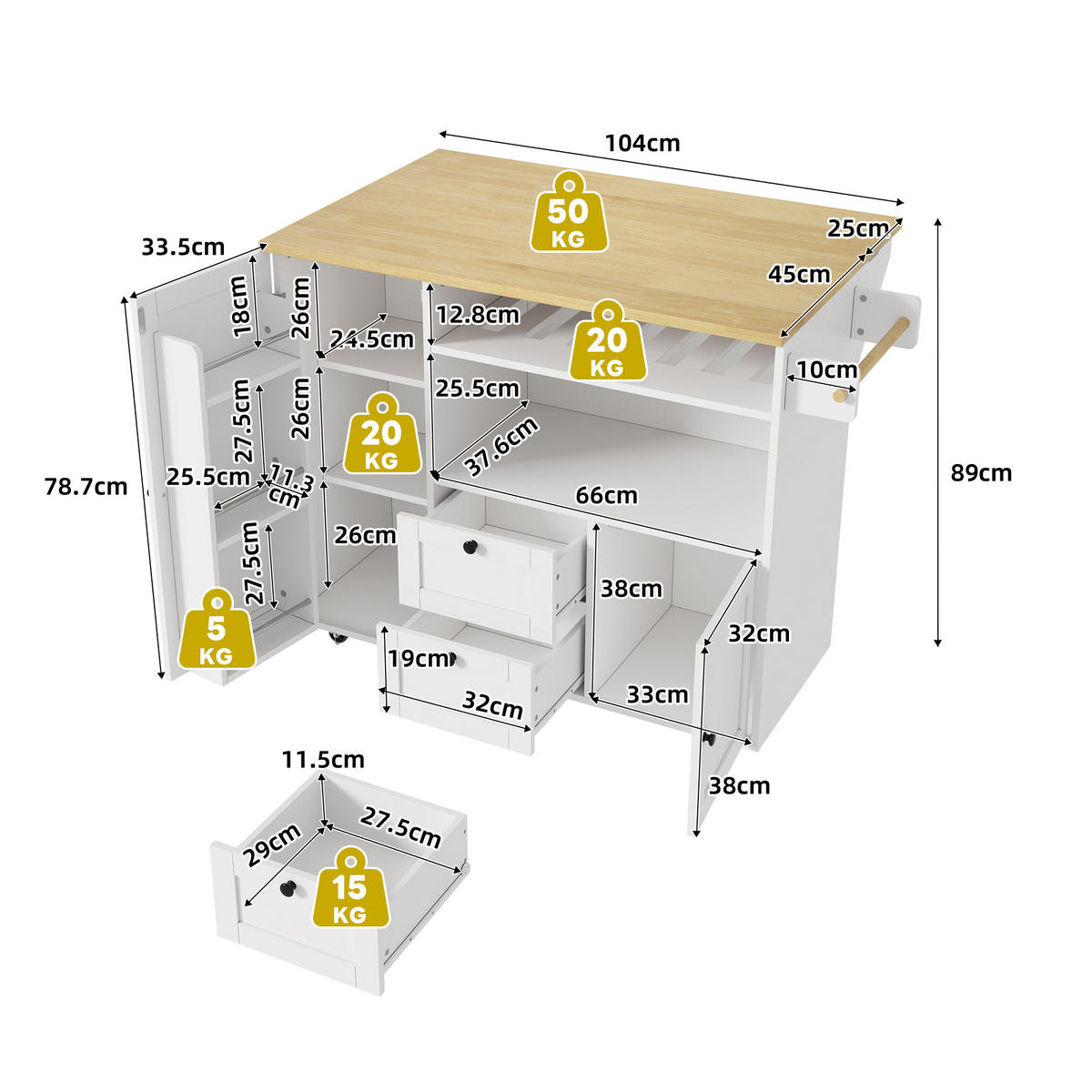 KÜCHENINSEL 89 cm MDF Natur Weiß mit Klappbarer Arbeitsplatte und Weinregal - Weiß, Holzwerkstoff (69/89/104cm) - Korfee