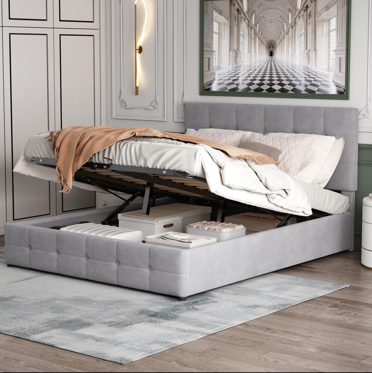 POLSTERBETT 140/200 cm grau mit hydraulischem Bettkasten und höhenverstellbarem Kopfteil - Grau, Textil (140/200cm) - OKWISH