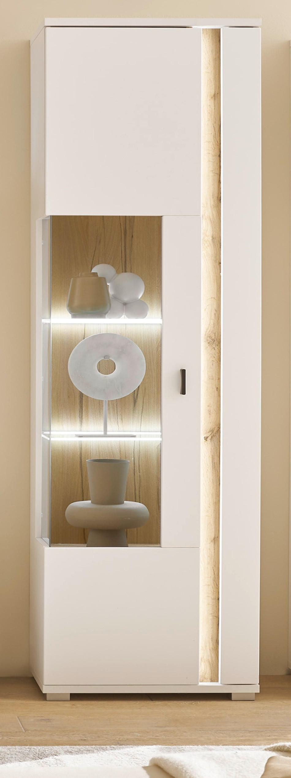 VITRINE weiß matt, Eiche Wotan 55 x 20 cm, Vitrinenschrank inklusive Frontbeleuchtung - Silberfarben/Eiche Wotan, Glas/Holzwerkstoff (55/200/35cm) - Furn.Design