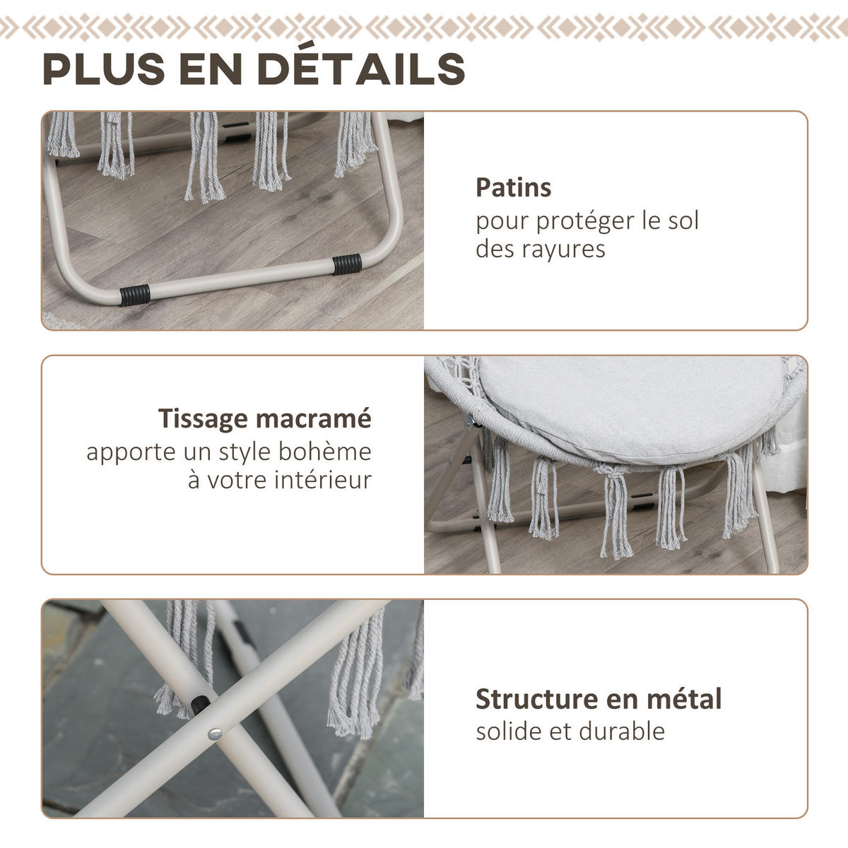 GARTENKLAPPSESSEL DE-17764 mit Makramee-Fransen Grau - Grau, Metall (64/78/77cm) - ComfortXL