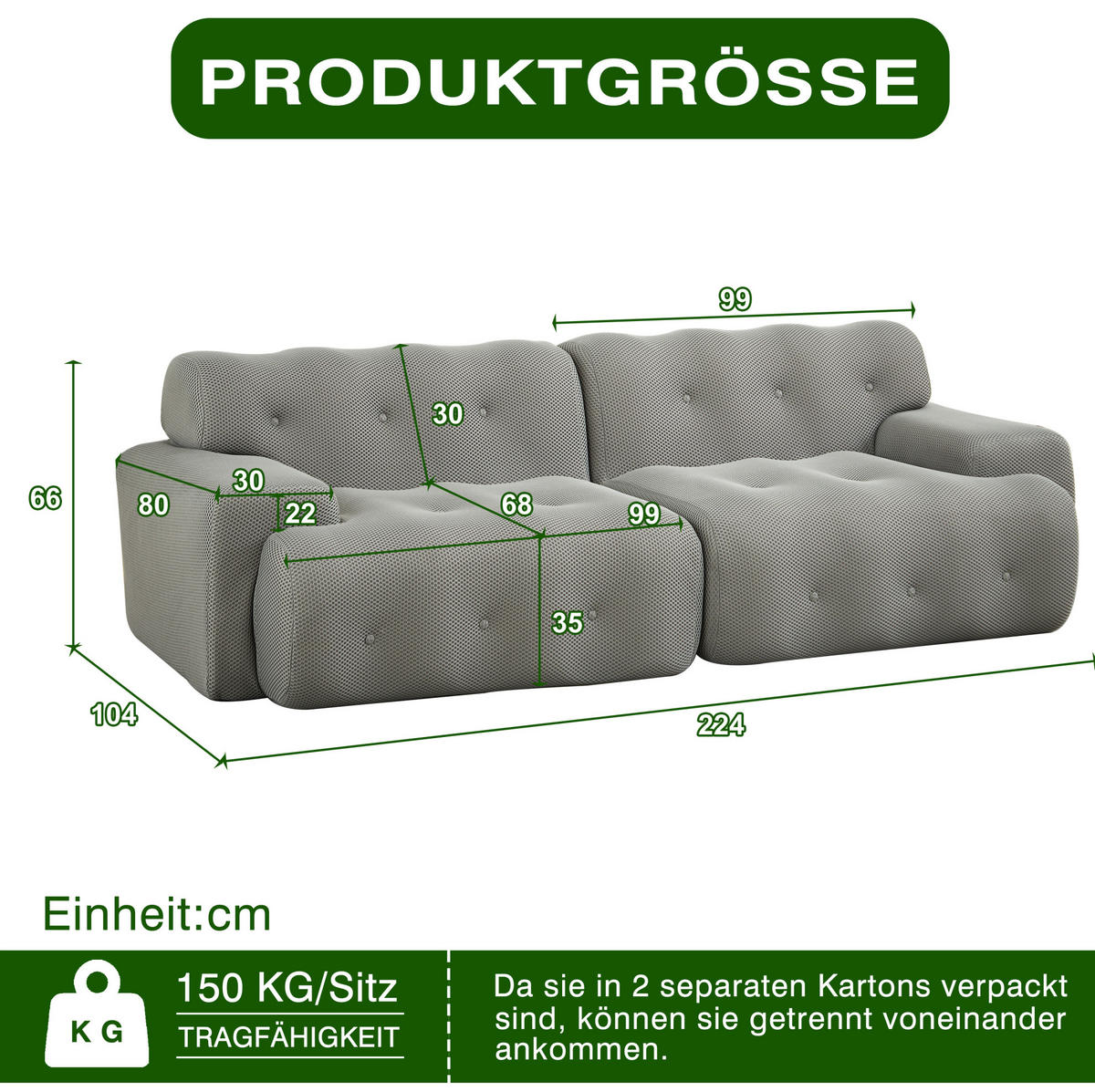 2-SITZER-SOFA 224/104/66 cm aus Stoff mit breiten Armlehnen und Knopfheftung, Grau - Grau, Textil (224/66/104cm) - Redom