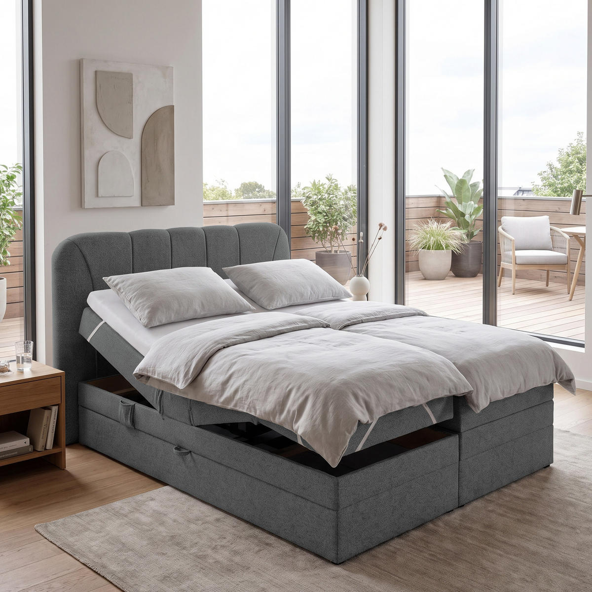 BOXSPRINGOVÁ POSTEL Romeo s elektrickým polohováním matrace, 140x200 cm, tmavě šedá - tmavě šedá, textil (140/200cm) - Beautysofa