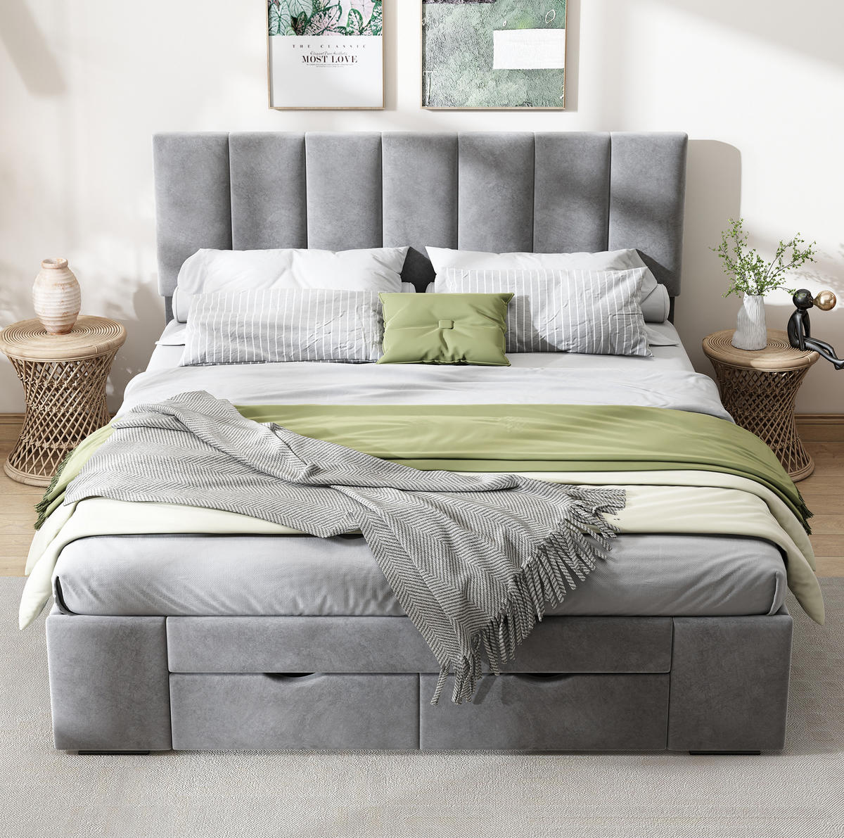 POLSTERBETT 140/200 cm mit höhenverstellbarem Kopfteil, 4 Schubladen & Lattenrost, Grau - Grau, Textil (140/200cm) - Redom