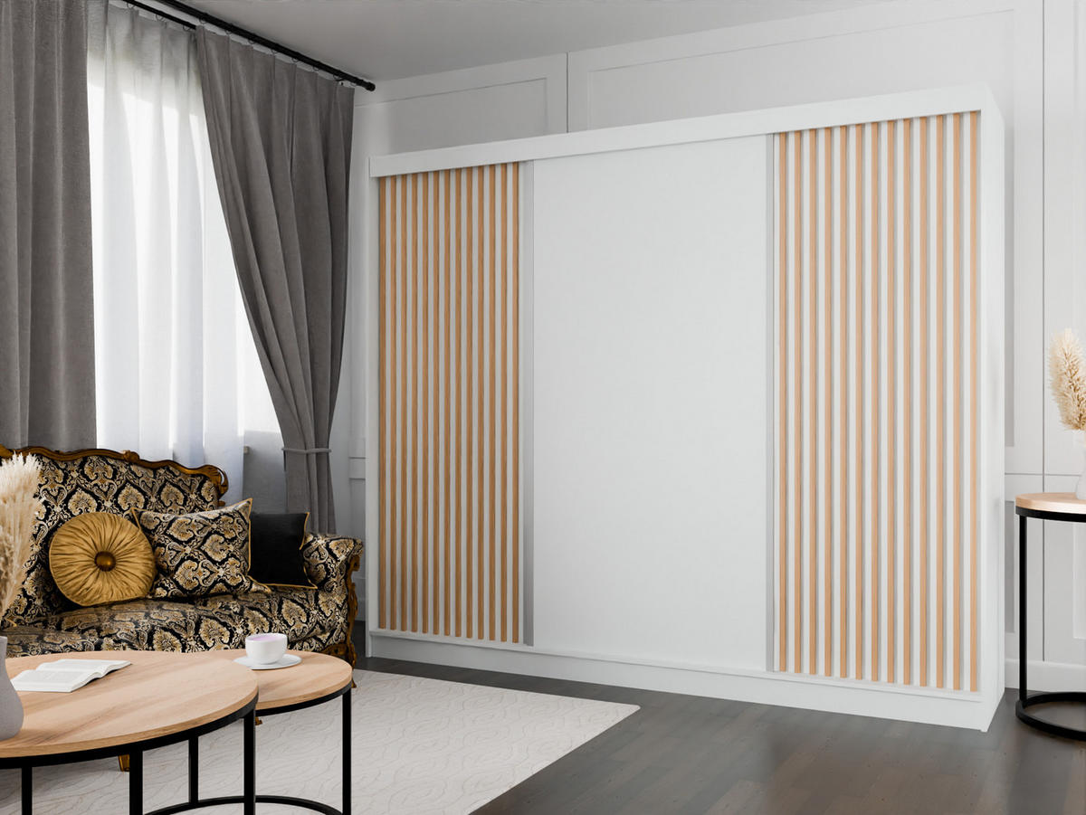 SCHIEBETÜRENSCHRANK LAMELIS - Eiche Wotan/Weiß, Holzwerkstoff (250/215/61cm) - Meblini