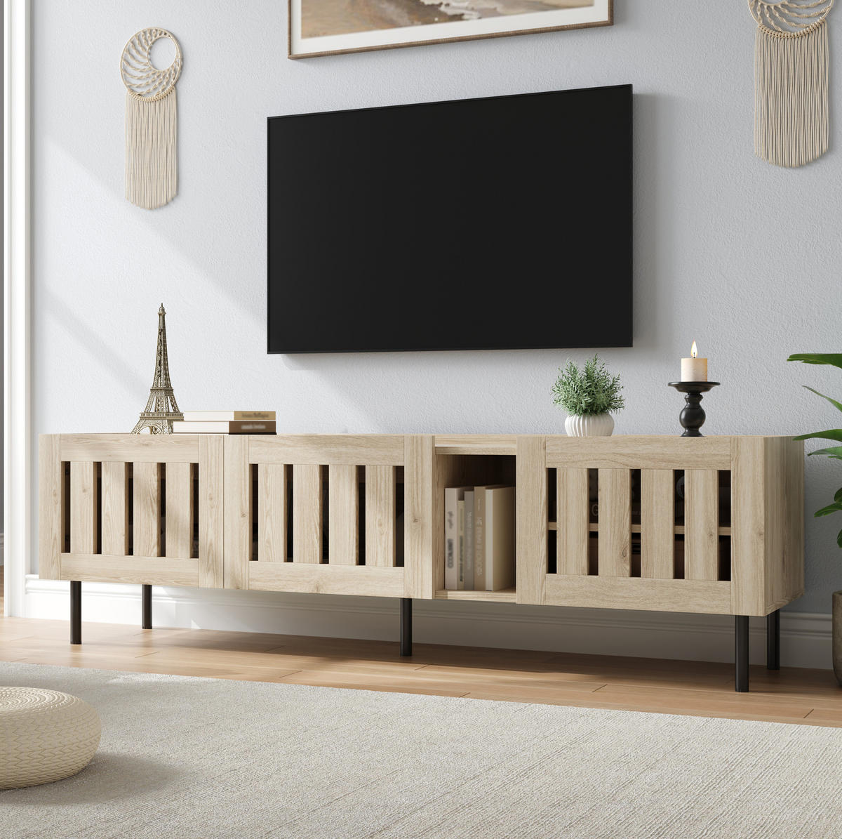 TV-LOWBOARD aus MDF 160x40x47 cm Natur mit Kabeldurchführung und Lamellentüren - Hellbraun, Holzwerkstoff (160/47/40cm) - Modfu