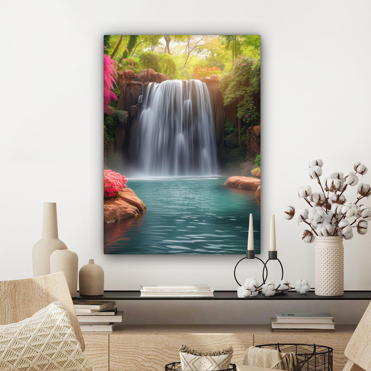 LEINWANDBILD Wasserfall - Natur - Pflanzen - Dschungel - Wasser 60x80 cm - Grün, Textil (60/80cm) - MuchoWow