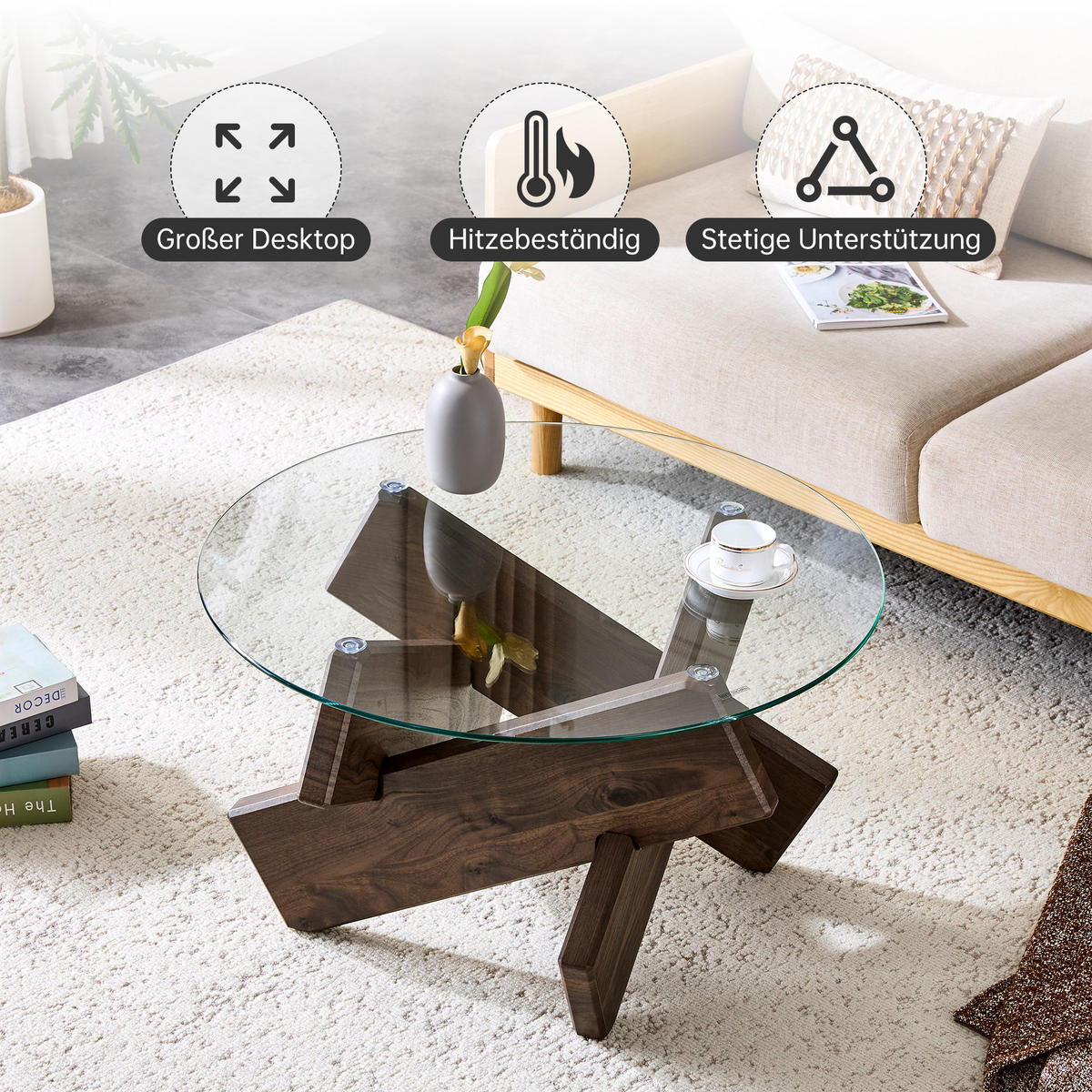 COUCHTISCH 79 cm Transparent aus MDF mit Walnussholz Korpus und Glasplatte - Klar, Holzwerkstoff (79/79/45cm) - OKWISH