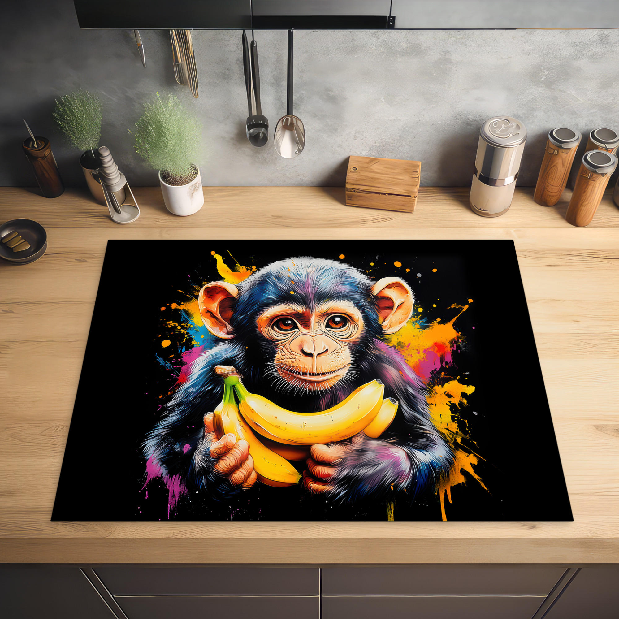 HERDABDECKPLATTE Affe - Graffiti - Farbenfroh - Bananen - Modern 77x59 cm - Gelb, Kunststoff (77/0.2/59cm) - MuchoWow