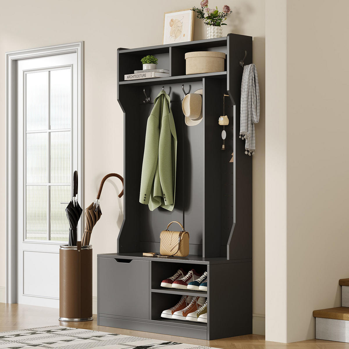 GARDEROBENSET Flurgarderobe mit Sitzbank 6 Haken Schwarz 100x40x185.5cm - Schwarz, Holzwerkstoff (185.4/40/100cm) - FLIEKS