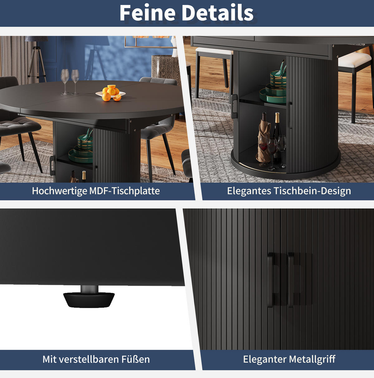 ESSTISCH aus MDF 118x118x76,8 cm Schwarz ausziehbar mit Stauraum und verstellbaren Füßen - Schwarz, Holzwerkstoff (118/118/76.8cm) - Modfu