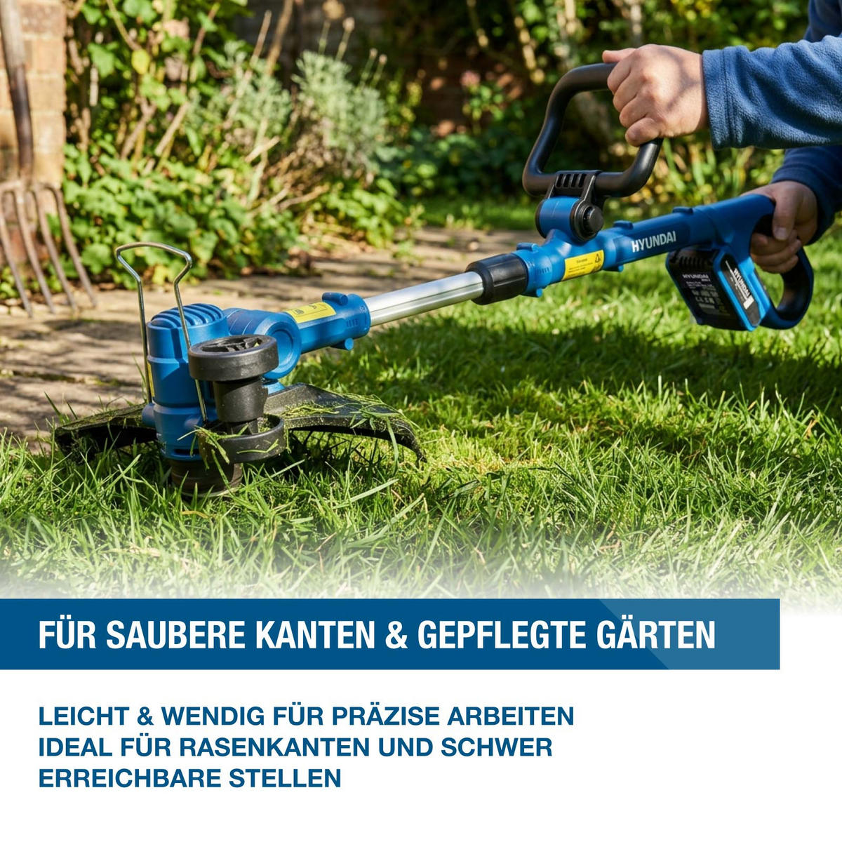AKKU-RASENTRIMMER 20V 30 cm, dreh- und schwenkbarer Trimmerkopf, Teleskopstange & Kantenführungsrad – 2Ah-Akku und Ladegerät - Blau, Kunststoff (32/36.5cm) - HYUNDAI