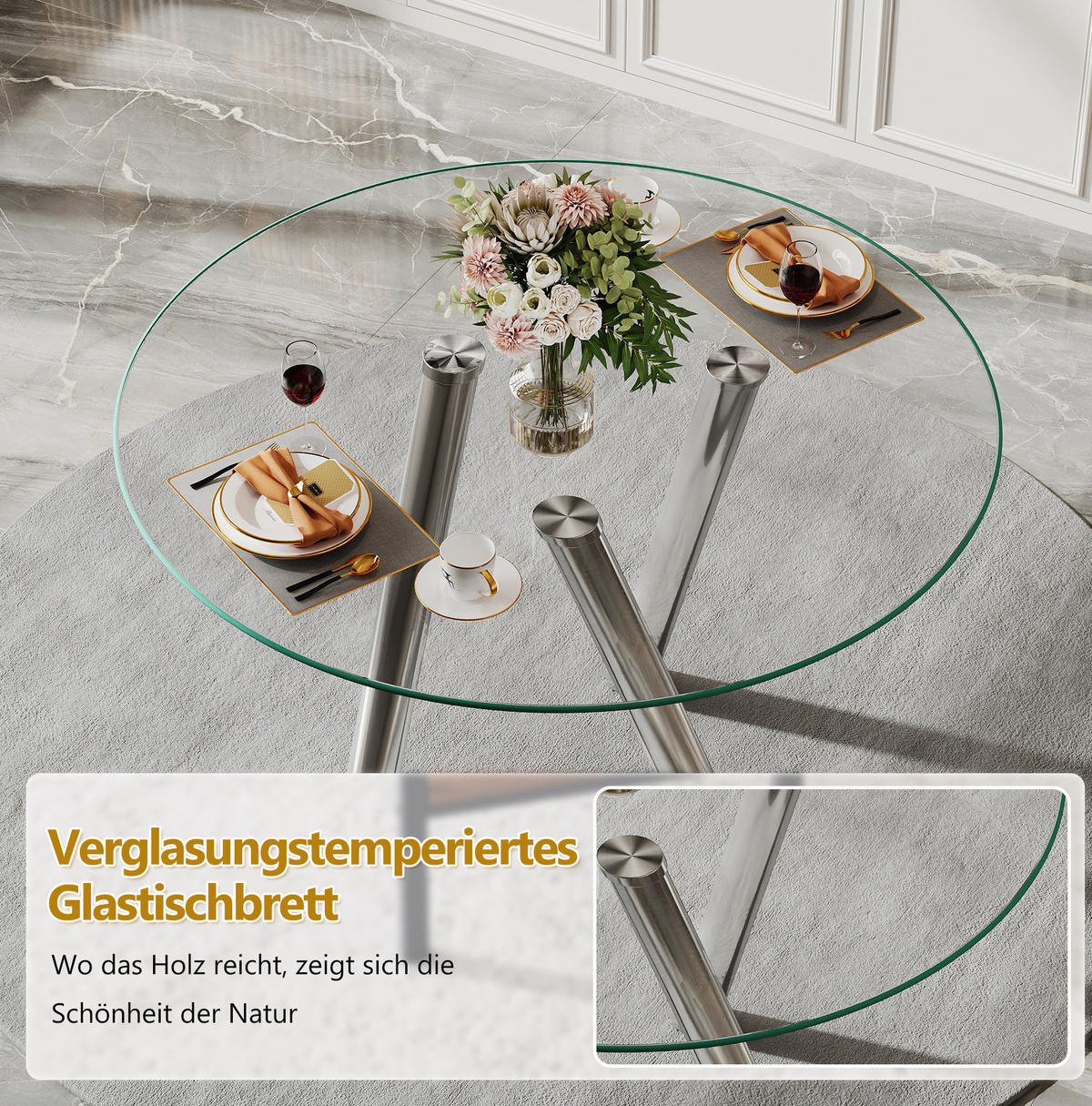 ESSTISCH rund Ø 89 cm in Silber mit Glasplatte und Metallgestell - Silberfarben, Metall (89/89/76cm) - BEAOK