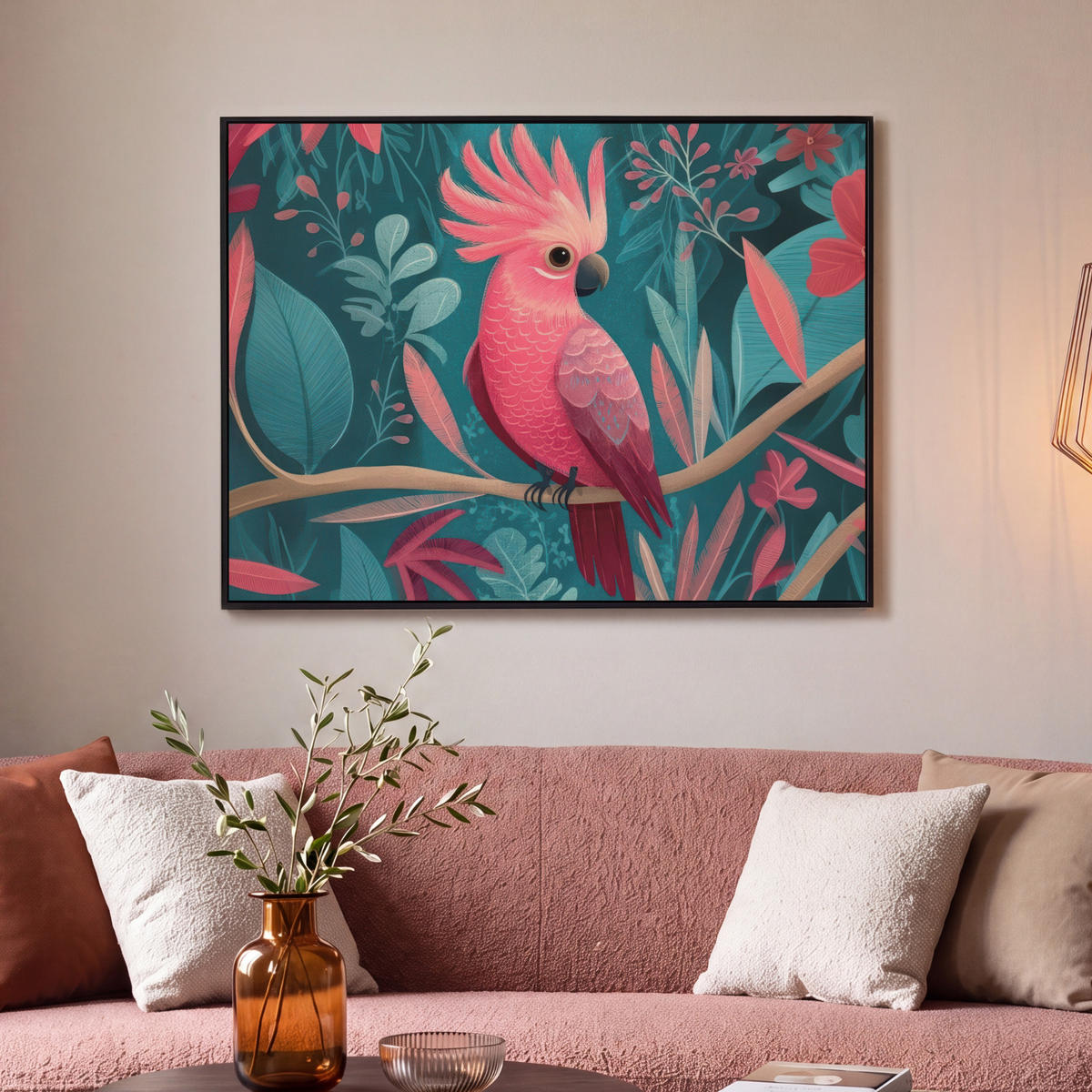 LEINWAND Bilder mit Rahmen - Kakadu - Tropische Blätter - Zweig - 100x70 - Petrol, Textil (100/70cm) - MuchoWow