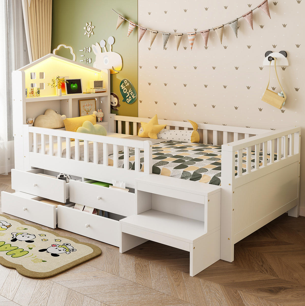 KINDERBETT aus Massivholz 90x200 cm Weiß mit Dachform, 4 Schubladen, Leiterstufen, LED und Ladeanschlüssen - Weiß, Holz (90/200cm) - Modfu