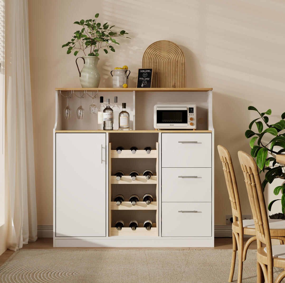 SIDEBOARD 120/40/121 cm Weiß/Natur aus Holzwerkstoff mit LED, Steckdose und Weinregal - Weiß, Holzwerkstoff (40/121/120cm) - OKMYHOME