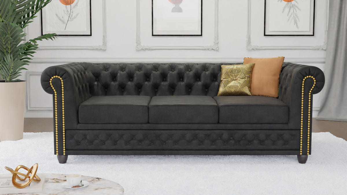 SITZGARNITUR 3+2+1 Chesterfield Flux Anthrazit Microfaser Vintageoptik - Anthrazit/Braun, Holz/Textil (203/72/86cm) - S-Style Möbel