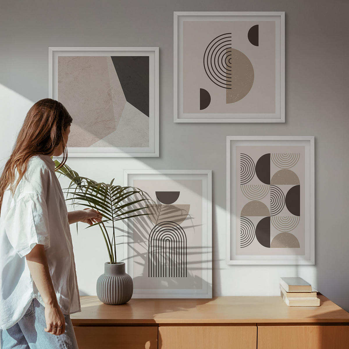 BILDER SET 4er Set - 50x50 cm & 40x60 cm Weißer Rahmen - Abstrakte geometrische Muster - Weiß, Kunststoff (50/50cm) - TULUP