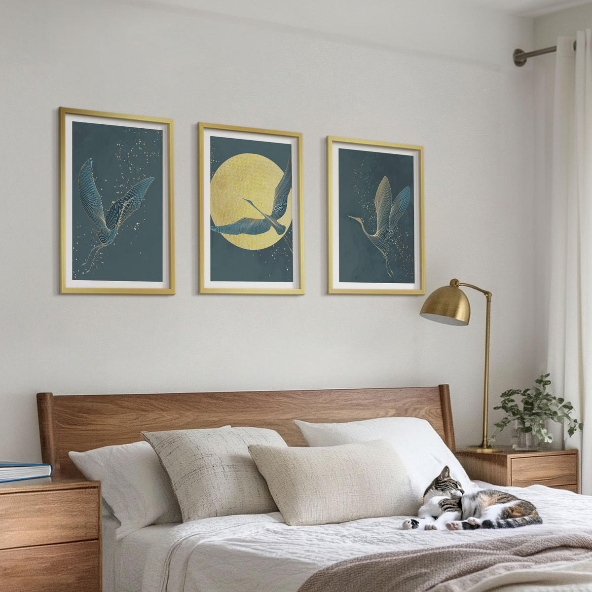 WANDBILDER 3er Set - 40x60 cm Goldrahmen - Kraniche im Flug bei Nacht - Goldfarben, Kunststoff (40/60cm) - ArtPrintCave