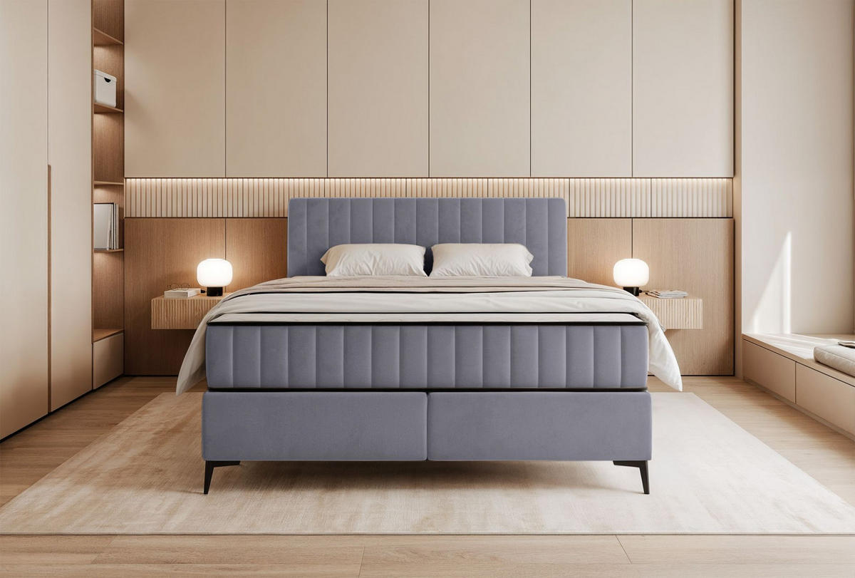 BOXBETT Mufasso Hellgrau Samtbezug 160x200 cm - Hellgrau/Schwarz, Textil/Metall (160/200cm) - Selsey