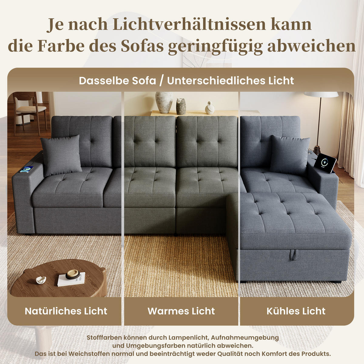 ECKSOFA 253/144.5/80.7 cm Antikgrau mit Aufbewahrungshocker, LED Stimmungslicht und Stauraum - Grau, Kunststoff/Textil (253/144.5cm) - Oxeza
