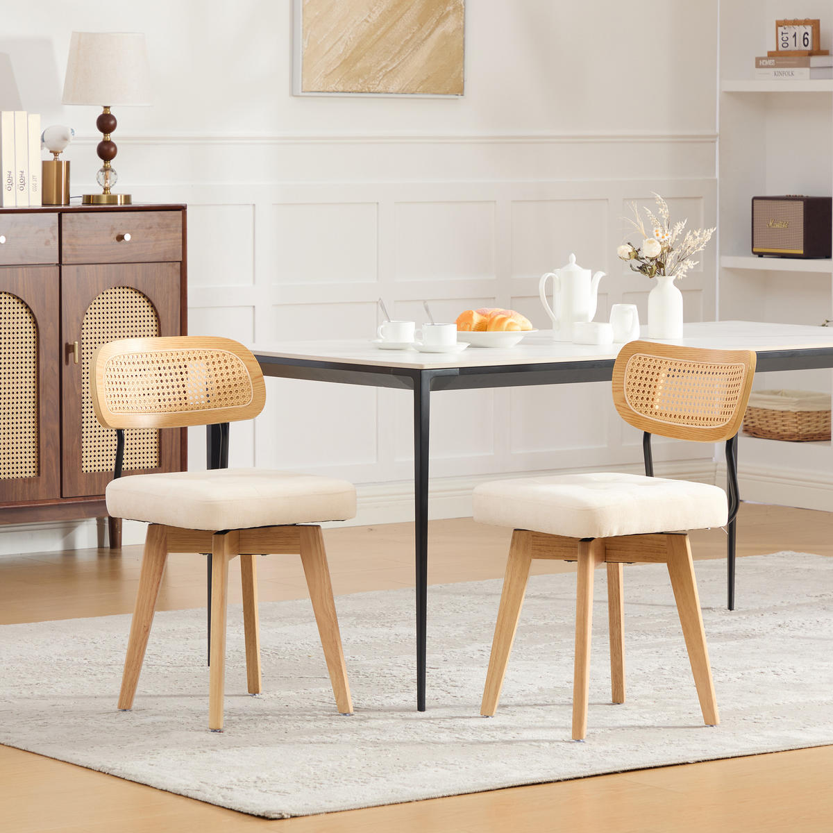 ESSZIMMERSTUHL 2er Set 360° drehbar, Wiener Geflecht, Chenille, Massivholz, Beige - Eichefarben/Beige, Holz/Textil (43/77/50cm) - LVHOM