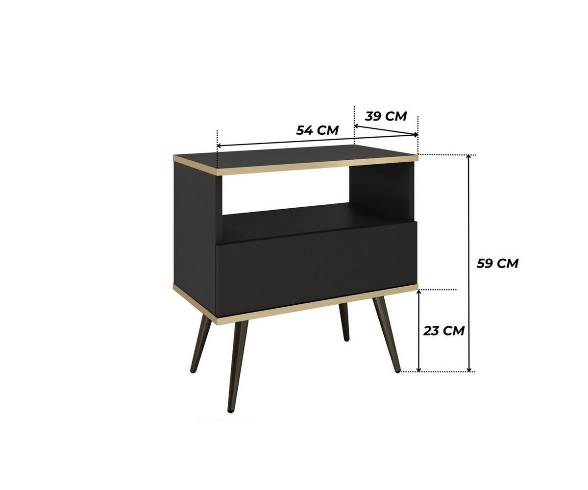 NACHTTISCH FORNO (Schwarz, Goldene Details, 1 Schublade, offenes Fach, schwarze Metallfüße) - Schwarz, Holz/Holzwerkstoff (54/59/39cm) - Ravio