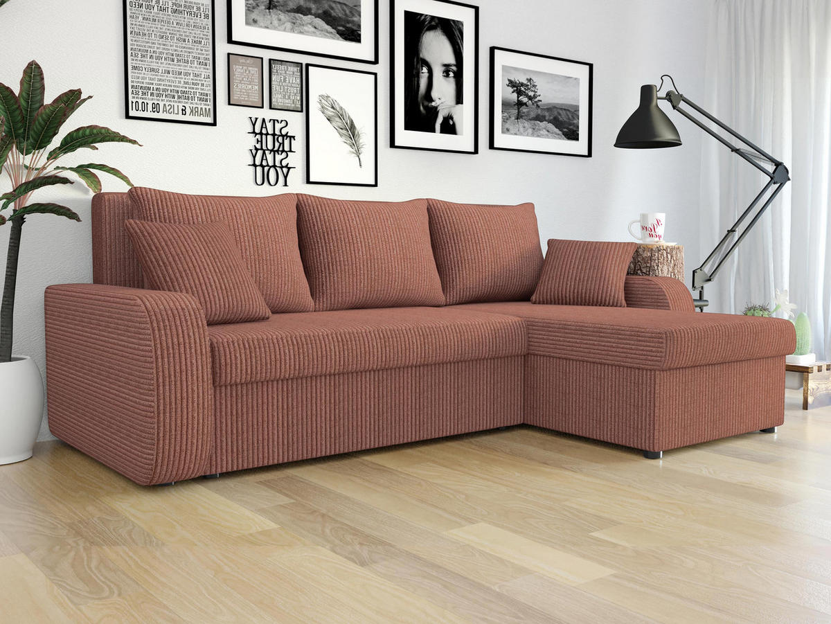 ECKSOFA Kris Cord - Dunkelrosa/Schwarz, Holz/Kunststoff (238/147cm) - MIRJAN24