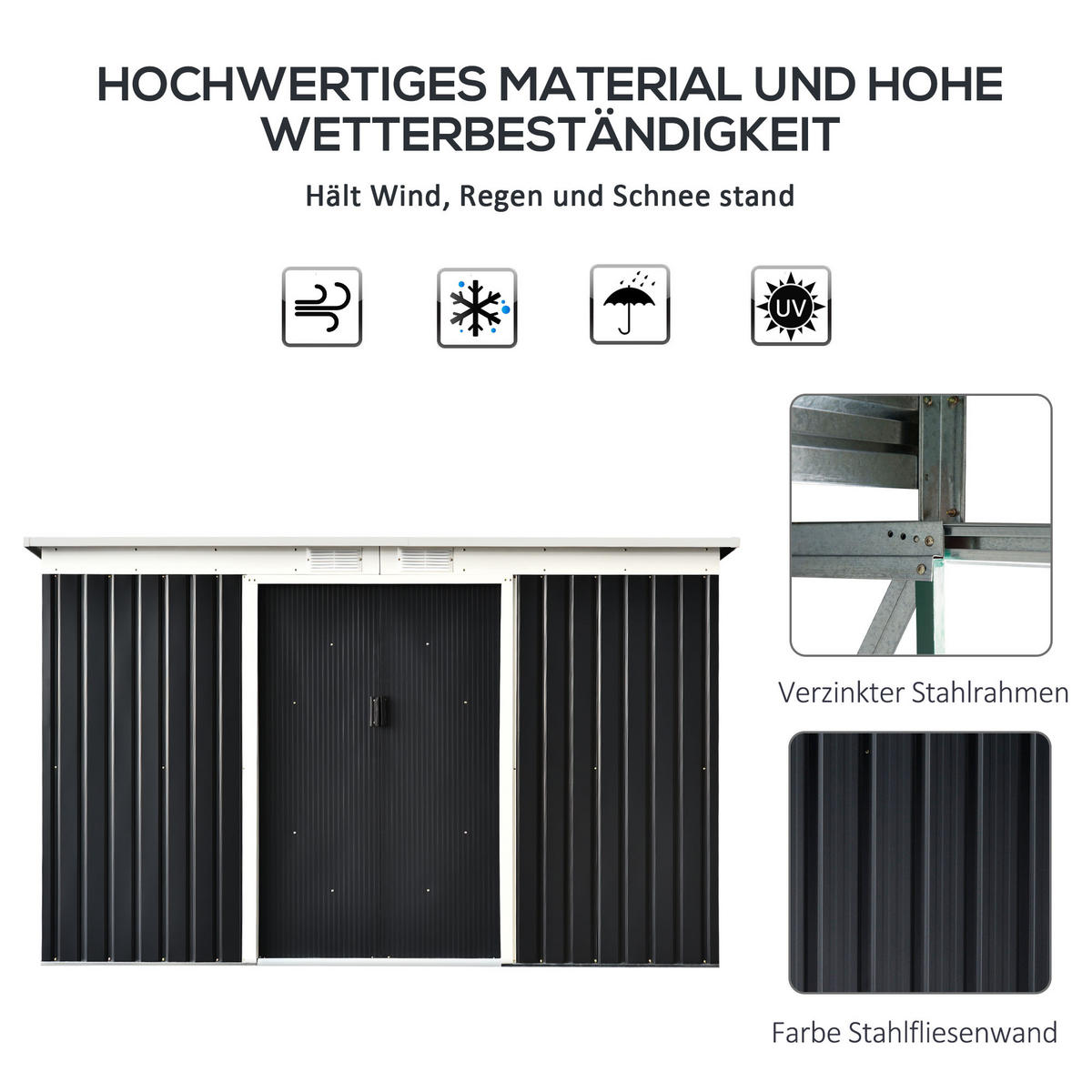 GERÄTEHAUS, Geräteschuppen mit Schiebetür, Pultdach, Stahl, Dunkelgrau - Dunkelgrau, Metall (130/172/280cm) - Outsunny