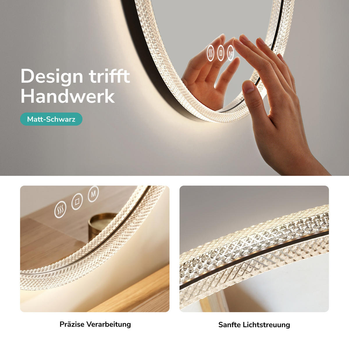 KOUPELNOVÉ ZRCADLO s LED osvětlením Ø 60 cm, černý rám, 3 barvy světla, funkce proti zamlžování - černá, sklo (60/60/4.3cm) - EMKE