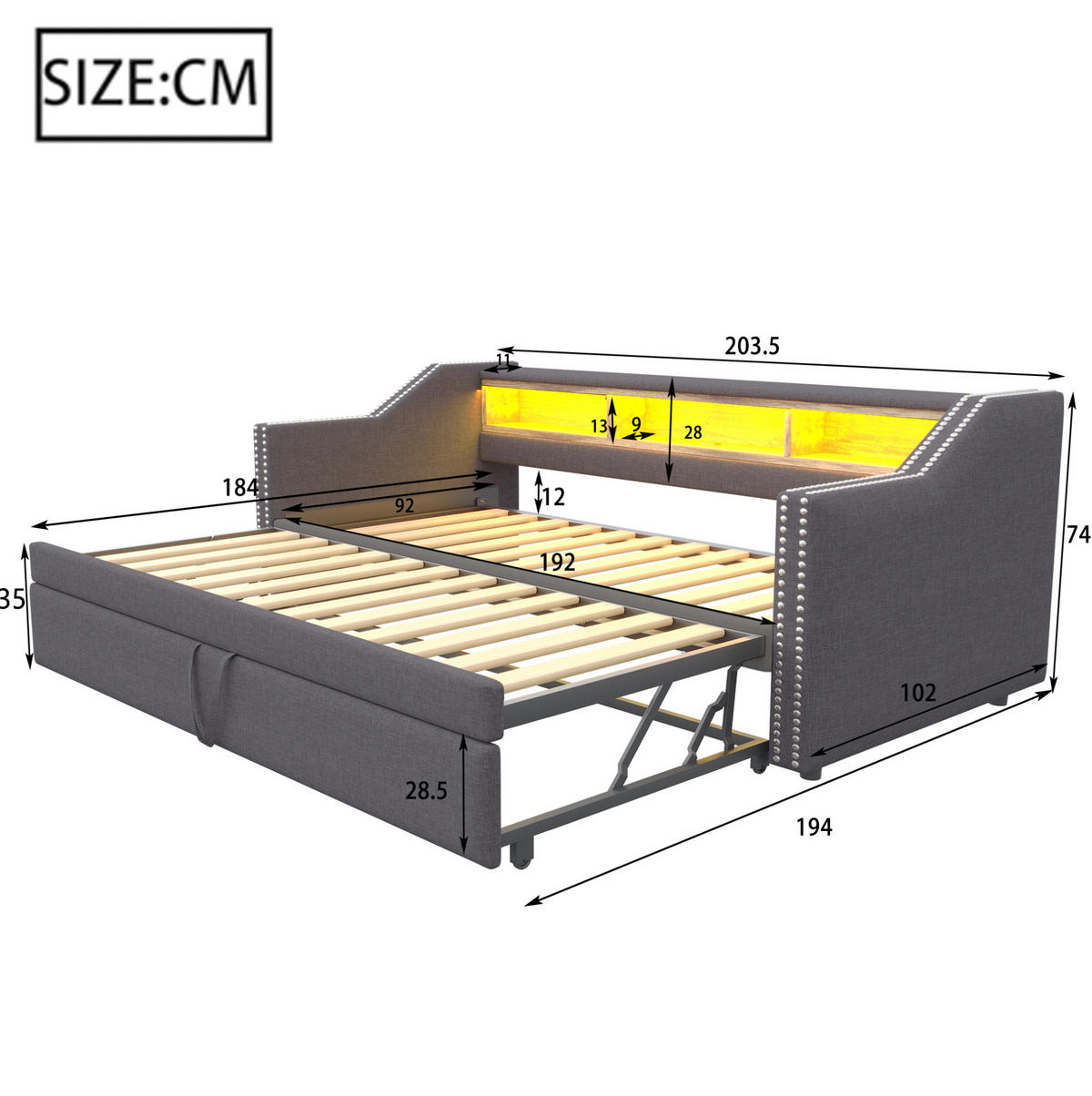 POLSTERBETT 90/190 cm ausziehbar mit LED, USB, Matratze, Ablagefächern und 2 Federkernmatratzen, Dunkelgrau - Dunkelgrau, Holzwerkstoff (90/190cm) - Redom