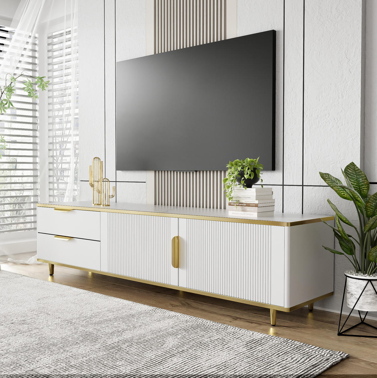TV-SCHRANK in Weiß und Gold mit 2 Schubladen und 2 Türen 175/40/45 cm - Weiß, Holzwerkstoff (175/45/40cm) - Redom