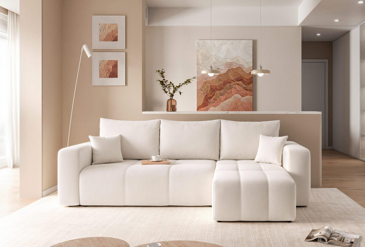ECKSOFA Creme Velours mit Bettkasten und Schlaffunktion - Creme, Textil (248/145cm) - Idohome