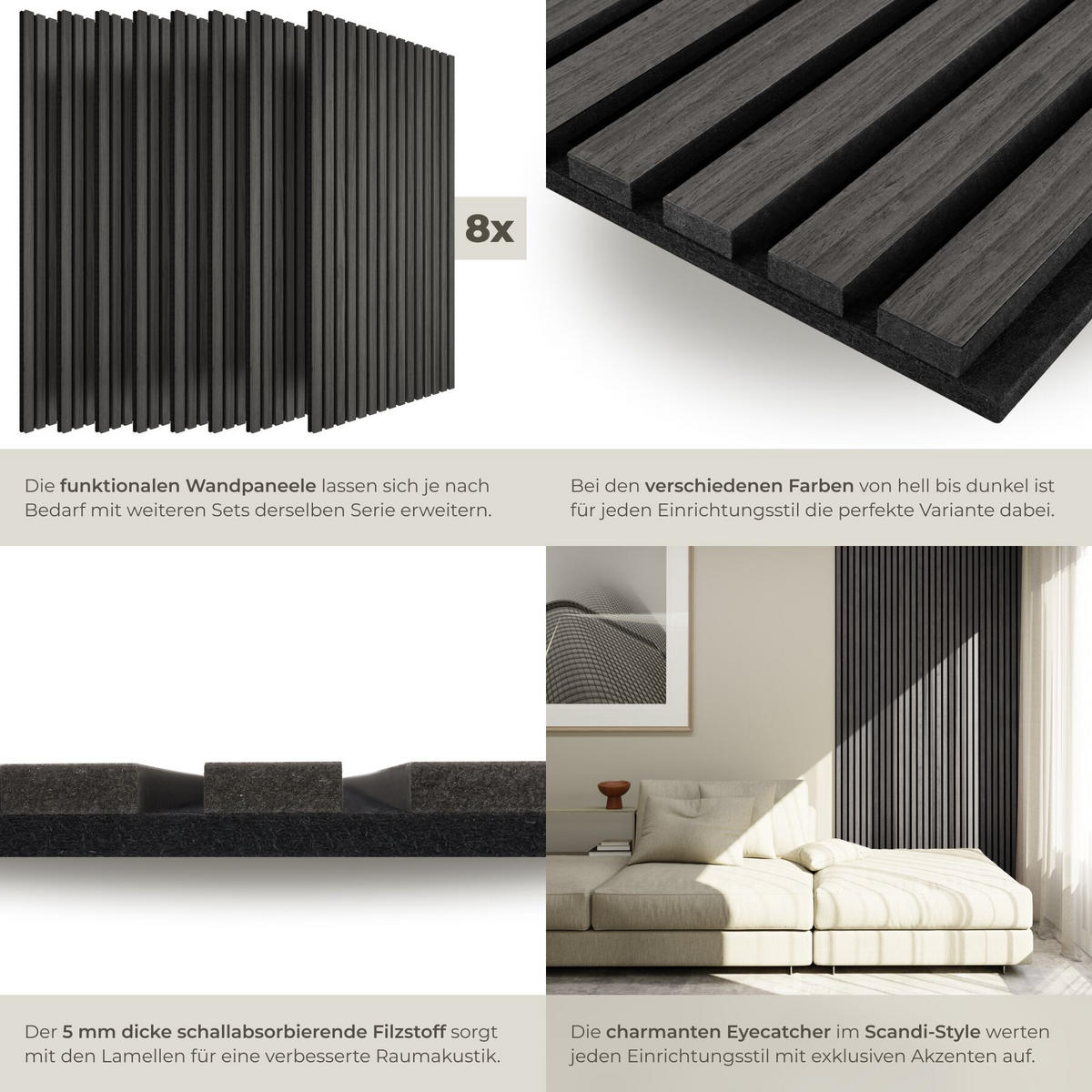 AKUSTIKPANEELE 8er Set Sonic Wall Iv, je 110 x 50 x 1,1 cm, Größe flexibel anpassbar, Eiche schwarz - Schwarz, Holz (50/1.1/110cm) - tectake