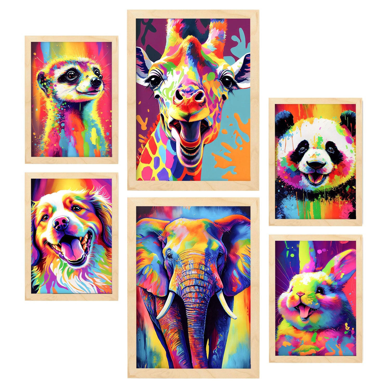 POSTER Set Mit 6 Freundliche Tiere Im Hochformat Lebhafte Aquarell Stil Illustrationen Von Lächelnde Tiere A3 & A4 Rahmen Aus Hellem Holz - Beige, Papier (29/3cm) - Nacnic