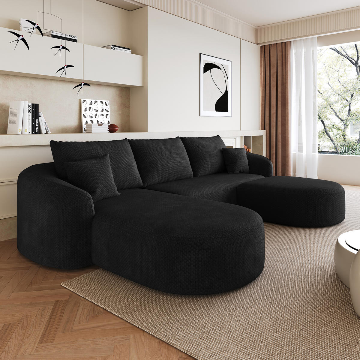 WOHNLANDSCHAFT DE-34817 U-Form 2-Sitzer Chaiselongue links Schwarz - Schwarz, Textil (168/85/266cm) - ComfortXL