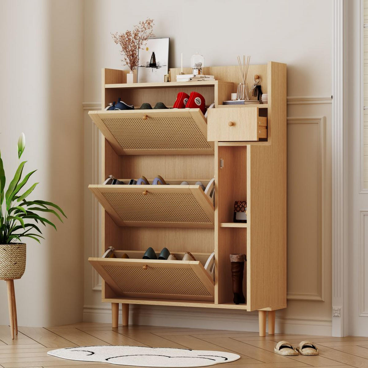 SCHUHSCHRANK mit 3 Kipp-Türen und 1 Schublade, Natur - Kieferfarben, Holz (17/125/90cm) - KOMHTOM