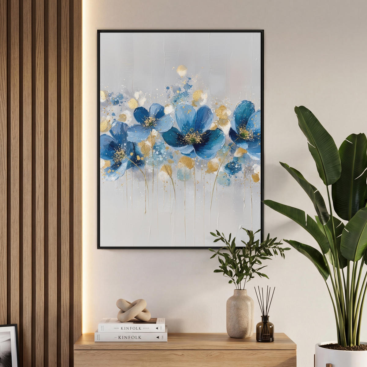 LEINWAND Bilder mit Rahmen - Blumen - Blau - Abstrakt - 70x100 - Hellgrau, Textil (70/100cm) - MuchoWow