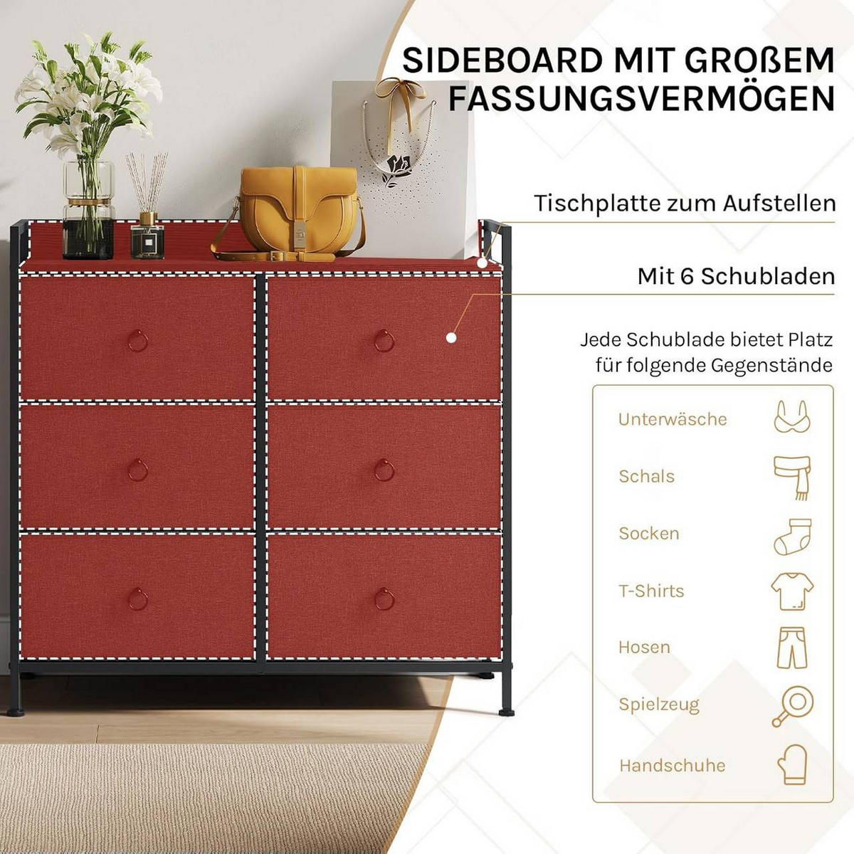KOMMODE mit 6 Schubladen, Industrial Stil, Dunkelgrau - Dunkelgrau/Schwarz, Holzwerkstoff/Kunststoff (80/78/29cm) - Woltu