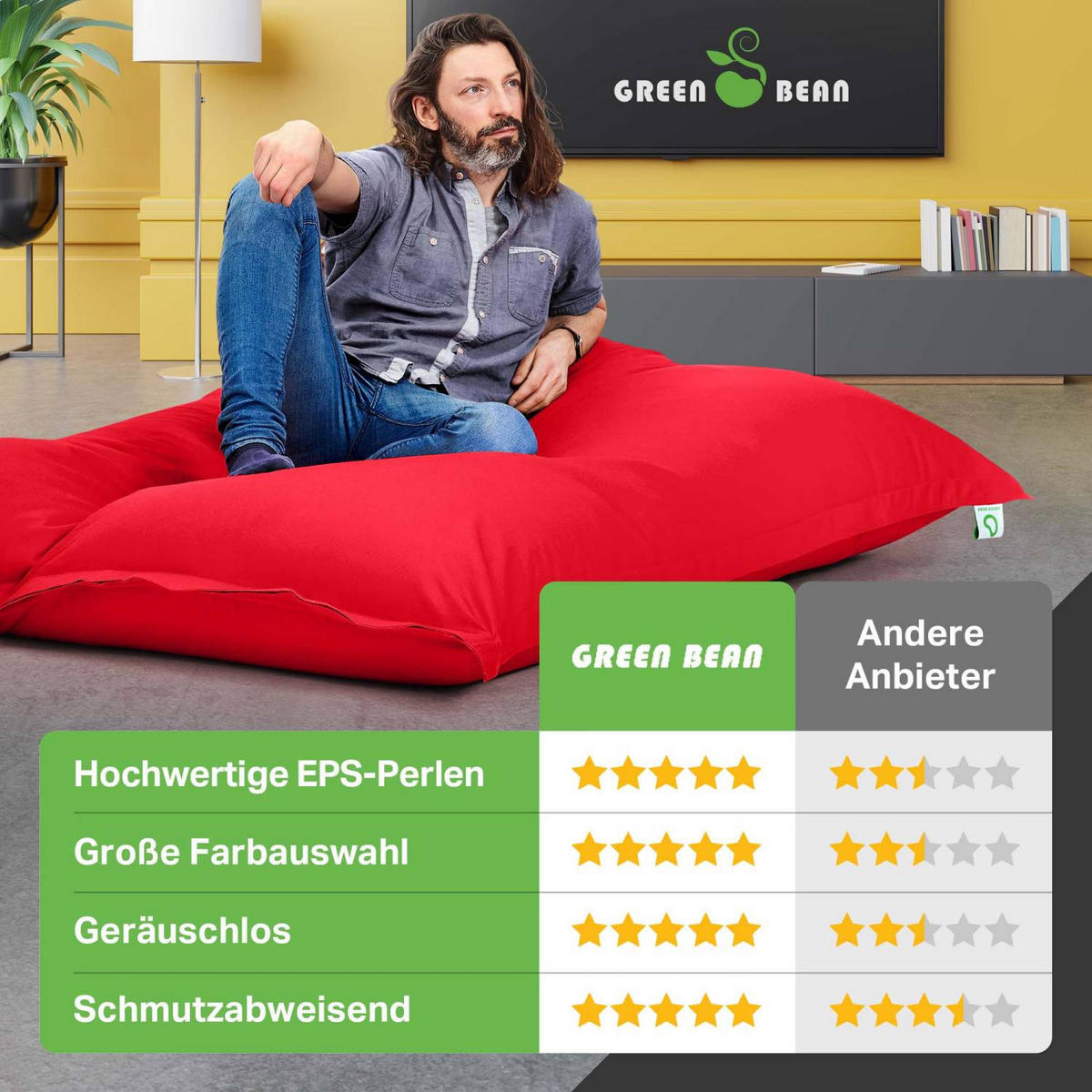 RIESEN-SITZSACK "Square" XXL - Baumwolle - Rot, Textil (140/25/180cm) - Green Bean