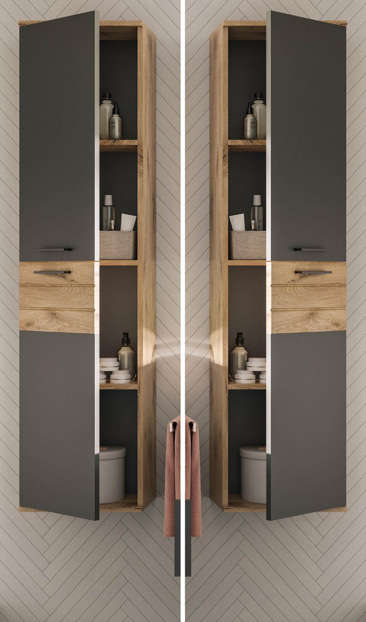 HOCHSCHRANK Hängeschrank Eiche grau 37x152 cm, mit Soft-Close - Eichefarben/Schwarz, Holzwerkstoff/Kunststoff (37/152/24cm) - Inn.Furn