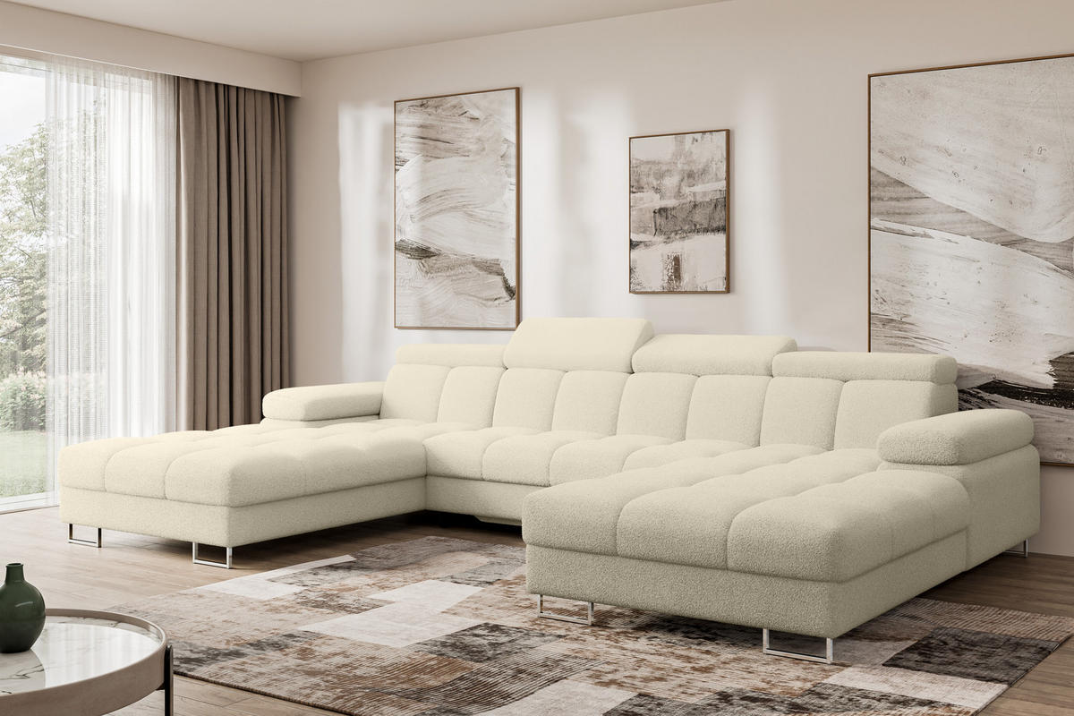 WOHNLANDSCHAFT mit Schlaffunktion und Bettkasten COMA U2 345x203x79 Beige Bouclé - Sandfarben, Holzwerkstoff/Textil (345/79/203cm) - ALTDECOR
