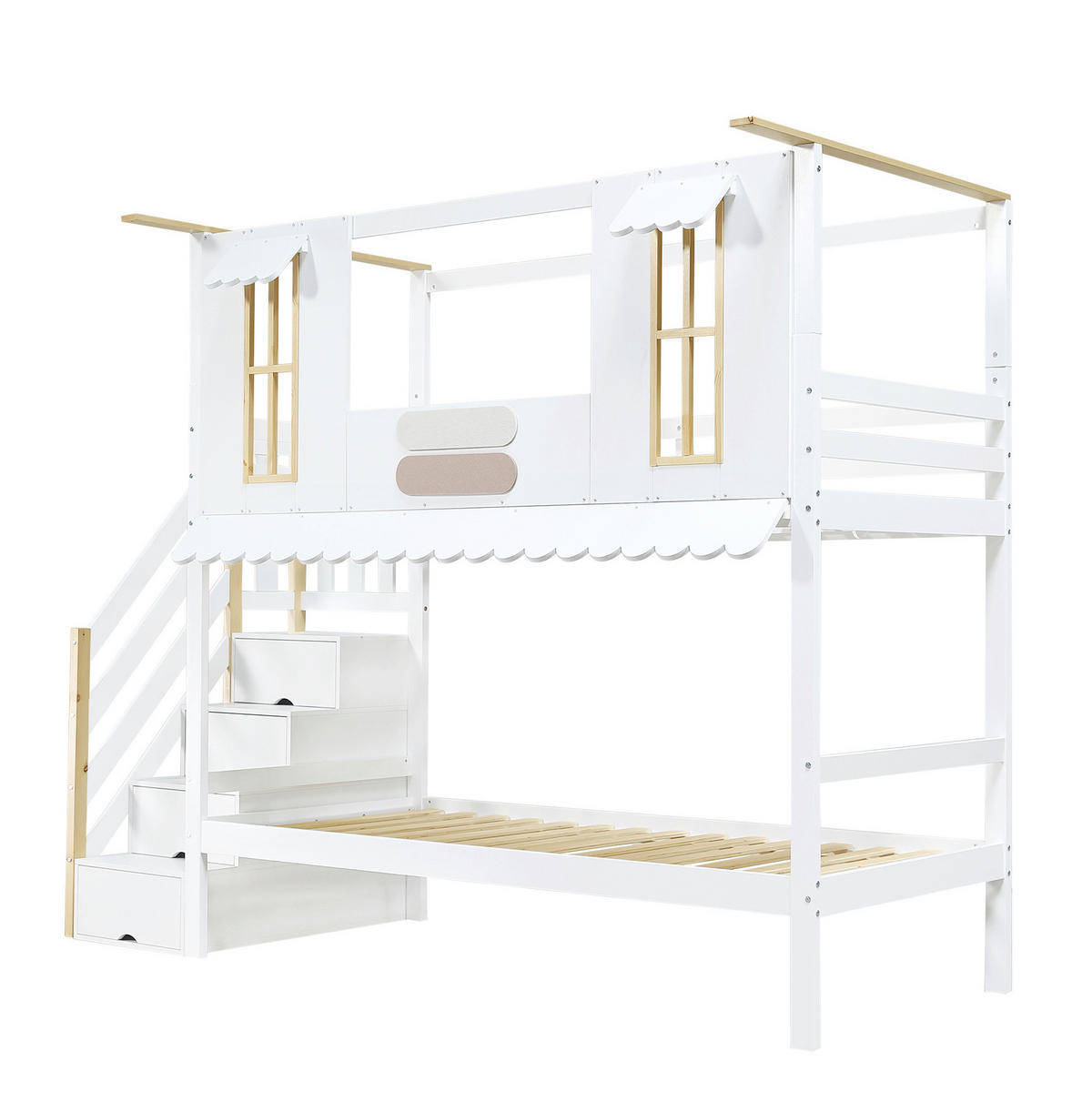 POSCHODOVÁ posteľ 90/200 cm biela/prírodná z masívneho dreva a MDF s úložnými schodmi - biela, drevo (90/200cm) - OKWISH