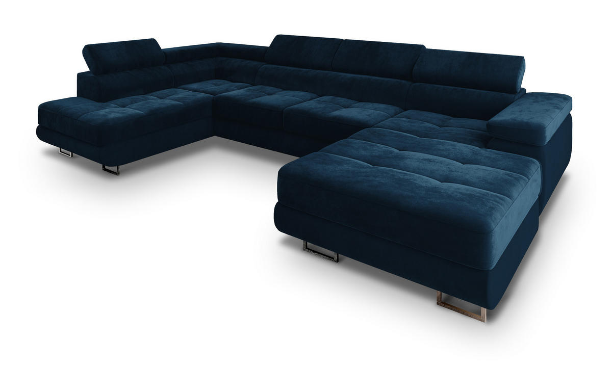 WOHNLANDSCHAFT CASONE L-S Blau Velours-Stoff mit Schlaffunktion - Blau, Holz (345/90/202cm) - MASSENO